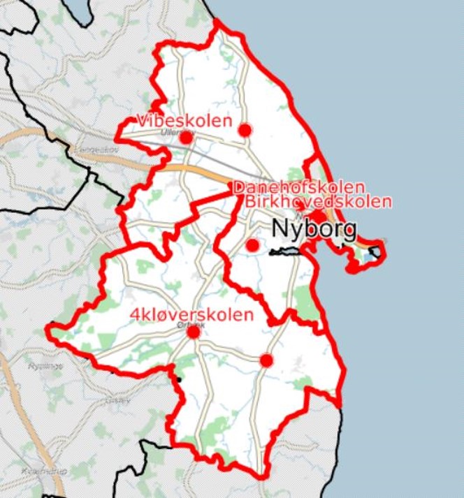 Kort over Nyborg kommunes skoledistrikter
